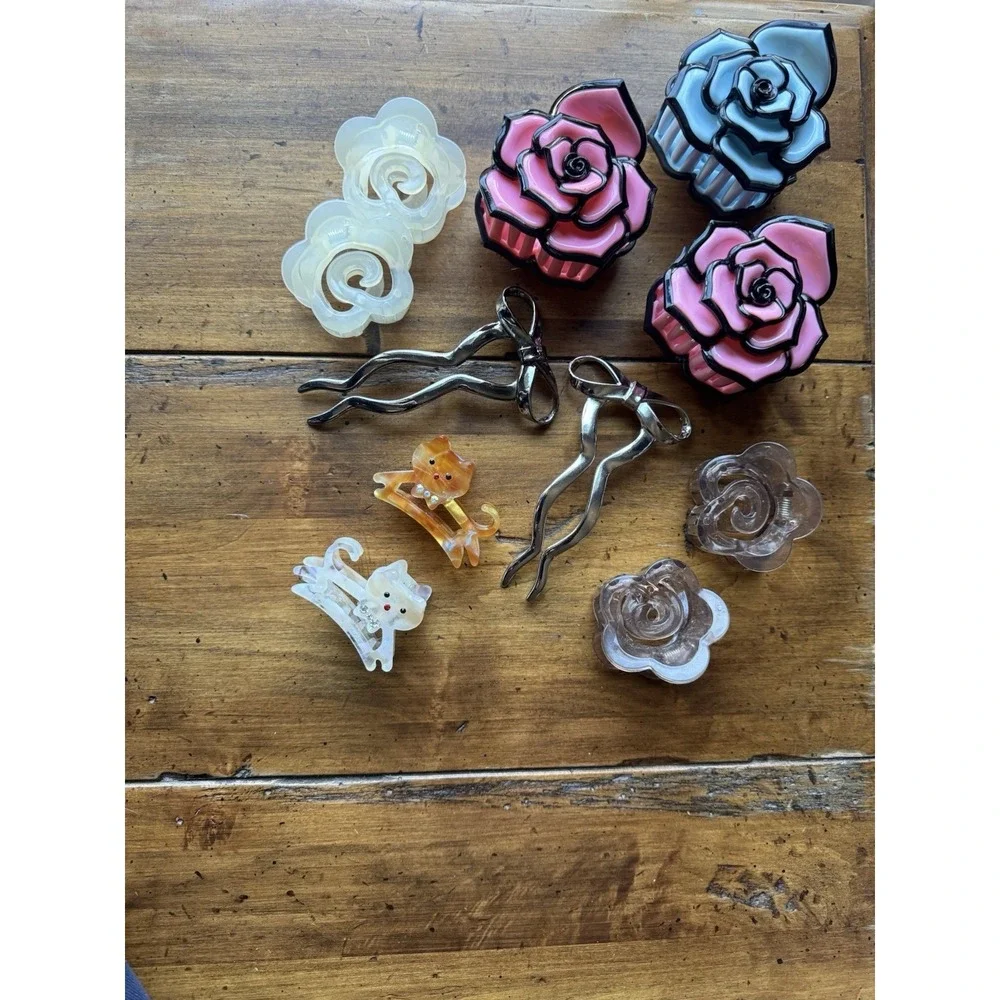 12pc Hair Clip Bundle Rose Enamel Claw Clip Cat Bow Stick Pin Coquette Kawaii